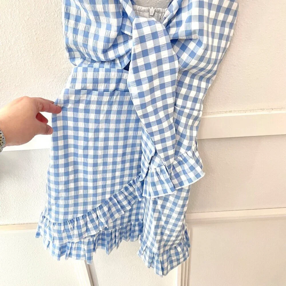 Sndys Adora V-Neck Sleeveless Ruffle Lined Zipper Dress Size S Blue Gingham